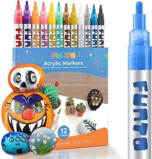 Funto acrylic paint markers medium tip 12 colors with 2 metallic for rock painting