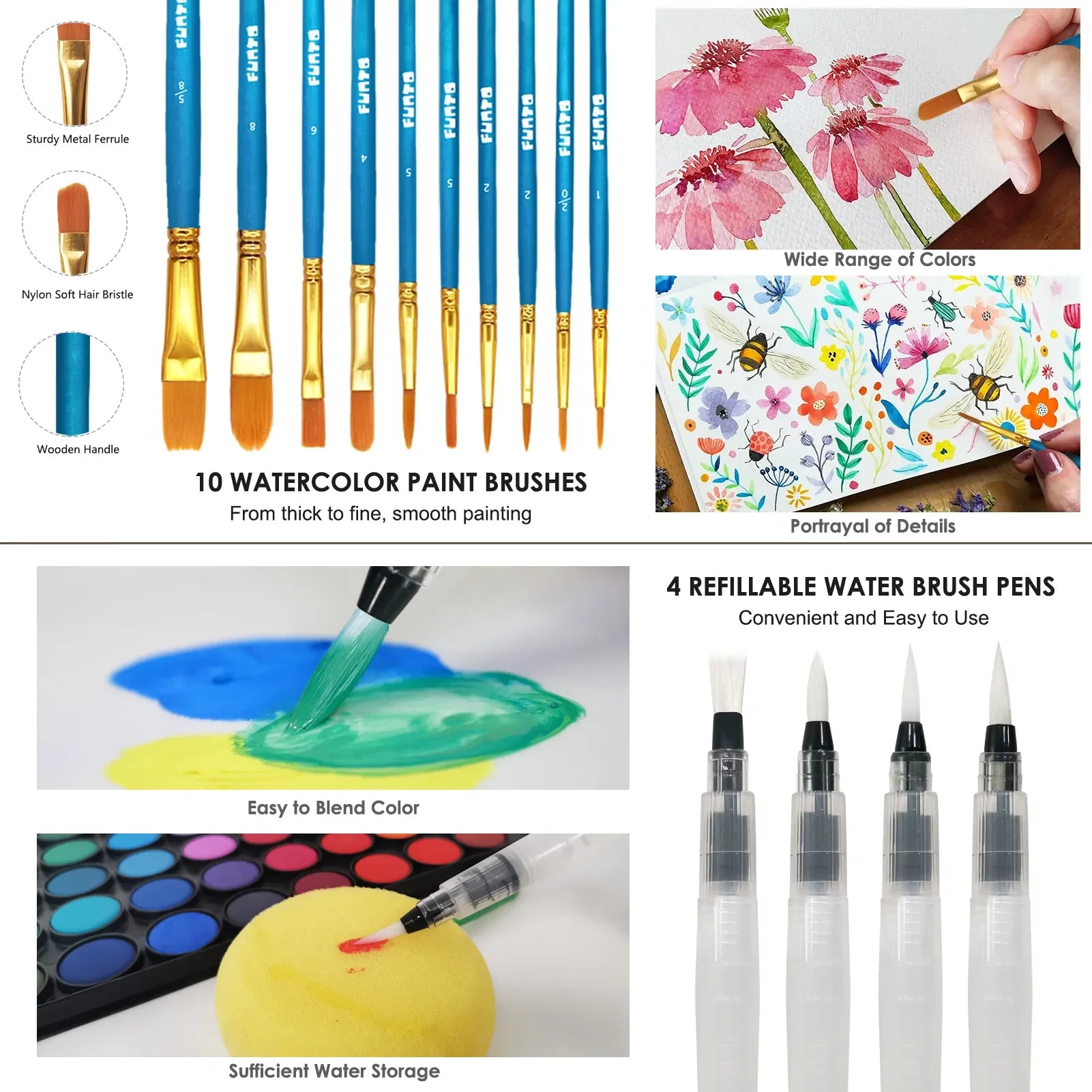 Funto watercolor paint set 48 colors with brushes tape sponge and mixing tray