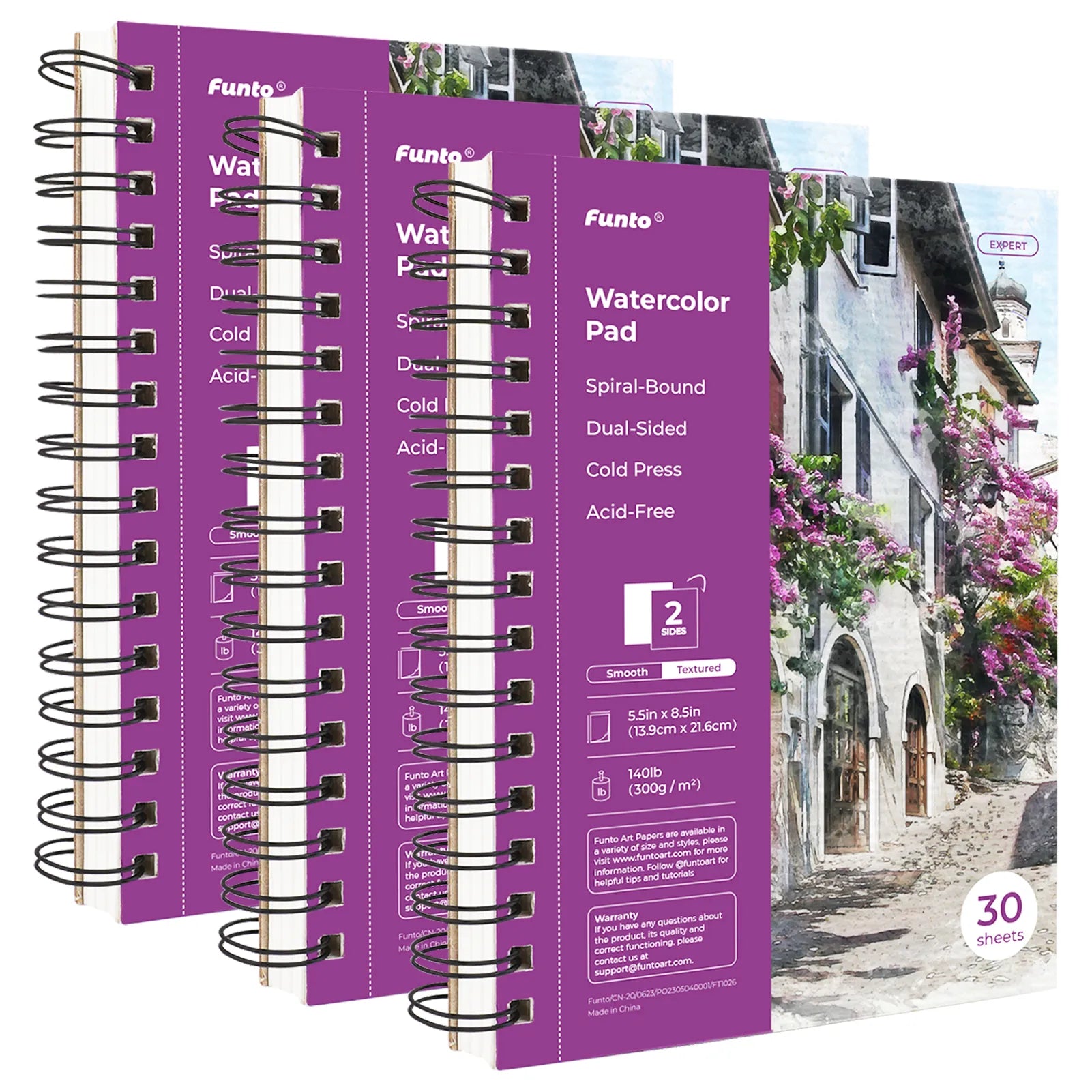 5.5"x8.5" Watercolor Pad Spiral Bound Cold Press Papers 3-Pack - Funto