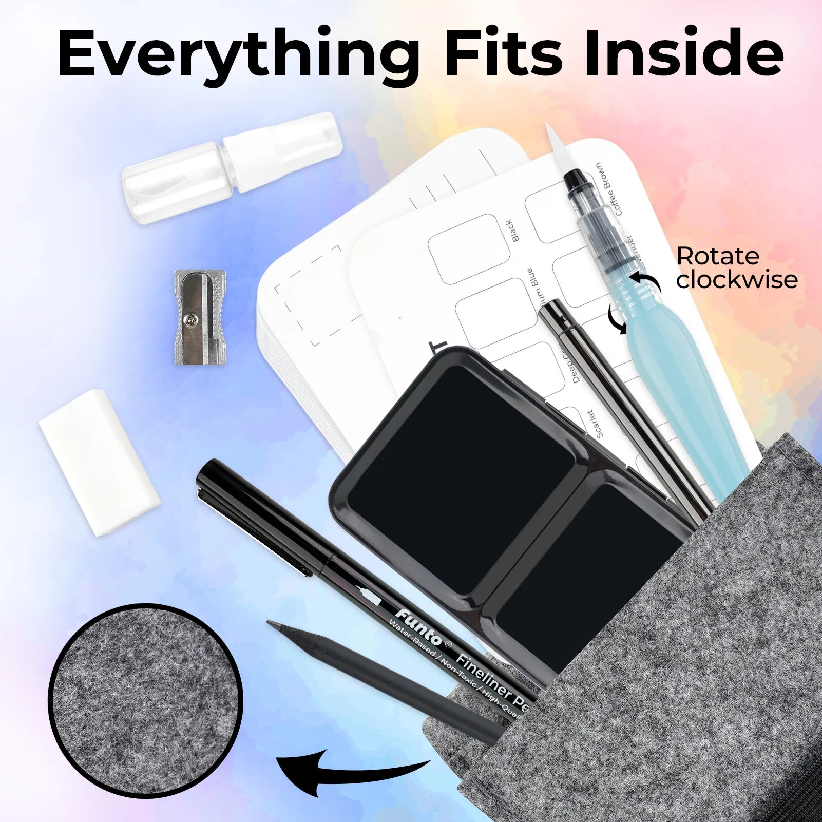 Funto travel watercolor paint set 12 colors with brushes fineliner and spray bottle