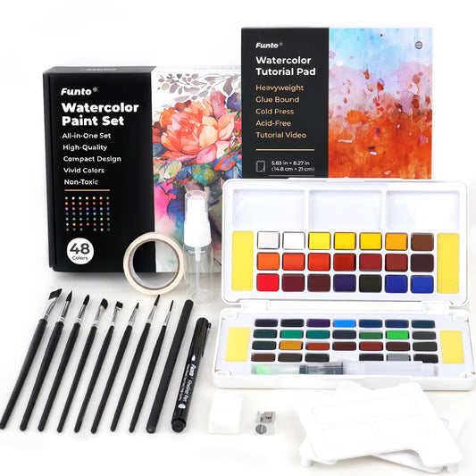 Funto compact watercolor paint set 48 colors with tutorial pad and art supplies