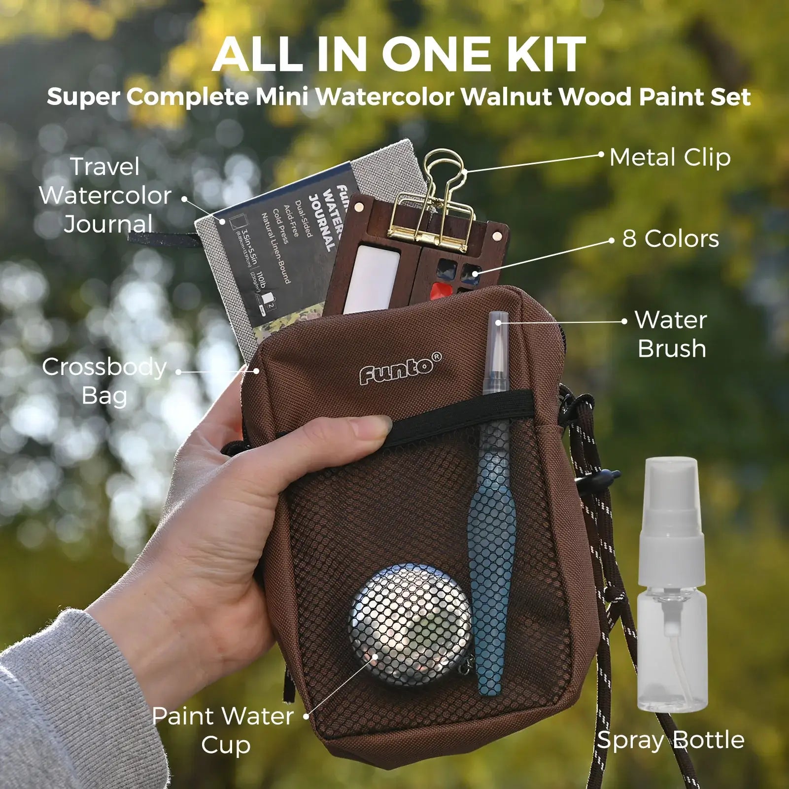 Funto walnut wood watercolor set 8 colors vibrant color swatches