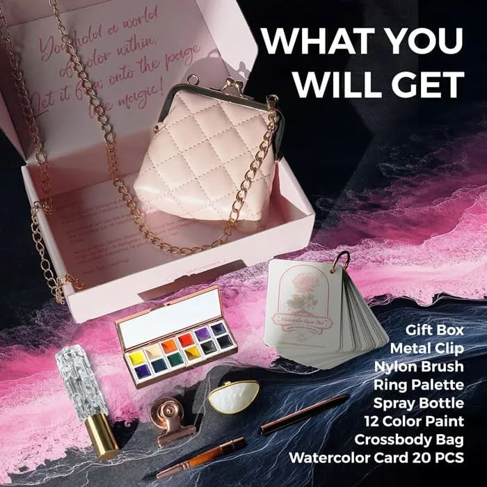 Pocket watercolor set showing 12 hand-poured pigment colors and mini palette