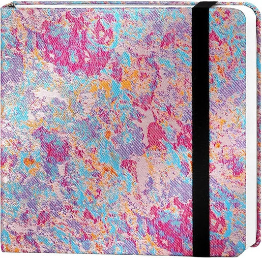 Pink and lavender woven-cover square watercolor journal with black elastic band