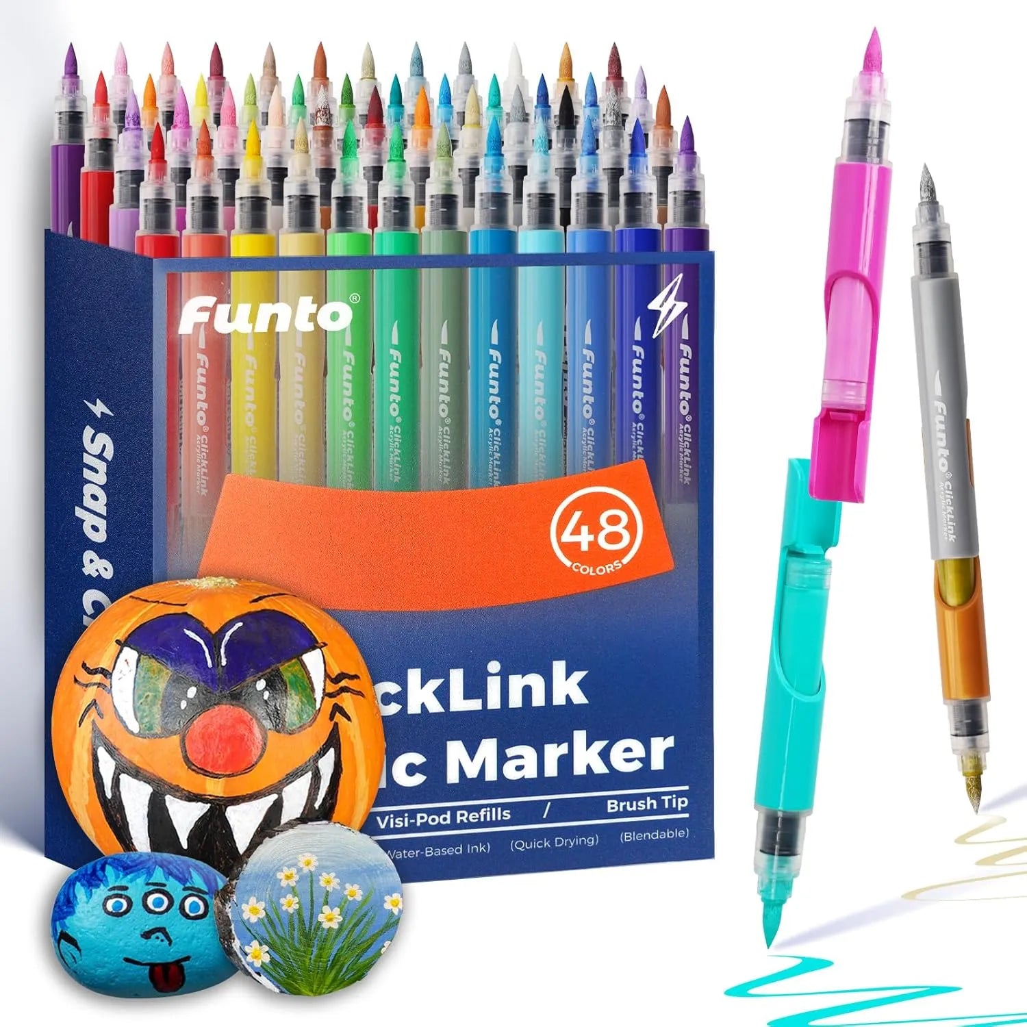48 Colors ClickLink Acrylic Markers with 50 Ink Refills (44 Classic+4 Metallic+2 Bonus Colors)  (98 Pieces Total) - Funto