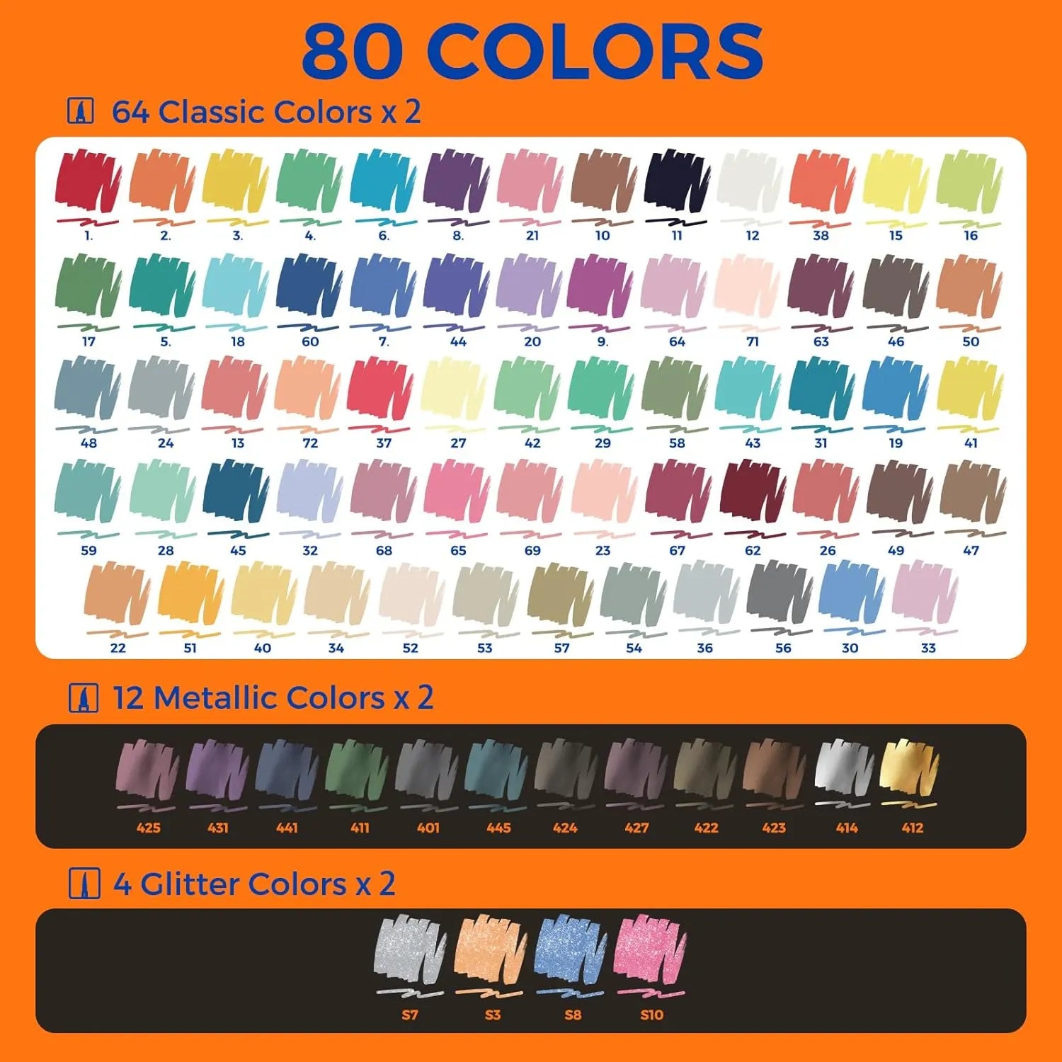 ClickLink 80 Colors Acrylic Markers with 80 ink refills (64 classic + 12 metallic + 4 glitter)