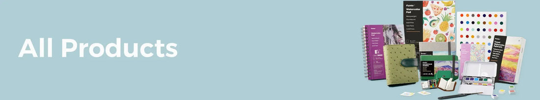 Funto watercolor paint sets, journals and art supply packaging on a light blue All Products banner