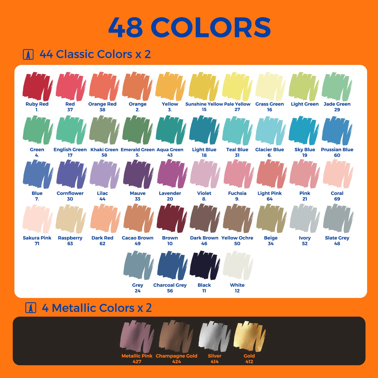 48 Colors ClickLink Acrylic Markers with 50 Ink Refills (44 Classic+4 Metallic+2 Bonus Colors)  (98 Pieces Total) Shipping Date: Oct.10 2025