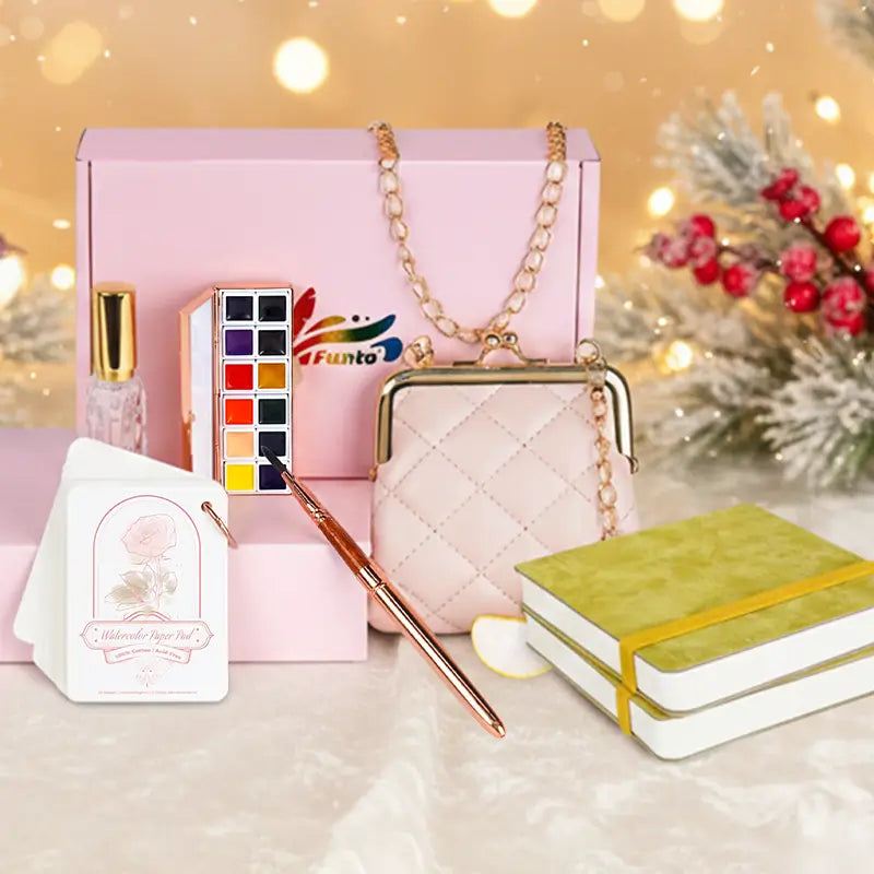 Christmas Gift Bundle POCKET Watercolor Kit & 2 Pack 3.9"x3.9" 100% Cotton Watercolor Journal