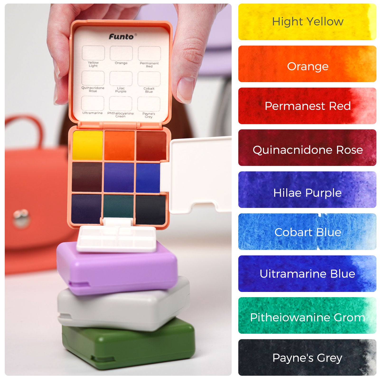 Purple/Silver/Orange Pocket Watercolor Paint Set with Crossbody Bag - Funto