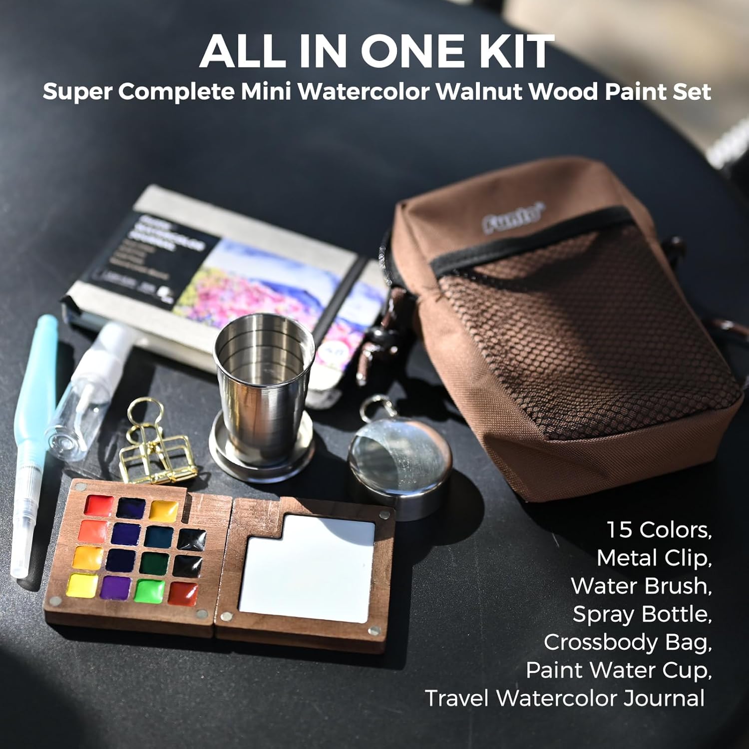 Walnut Wood 15-Color Mini Watercolor Paint Set