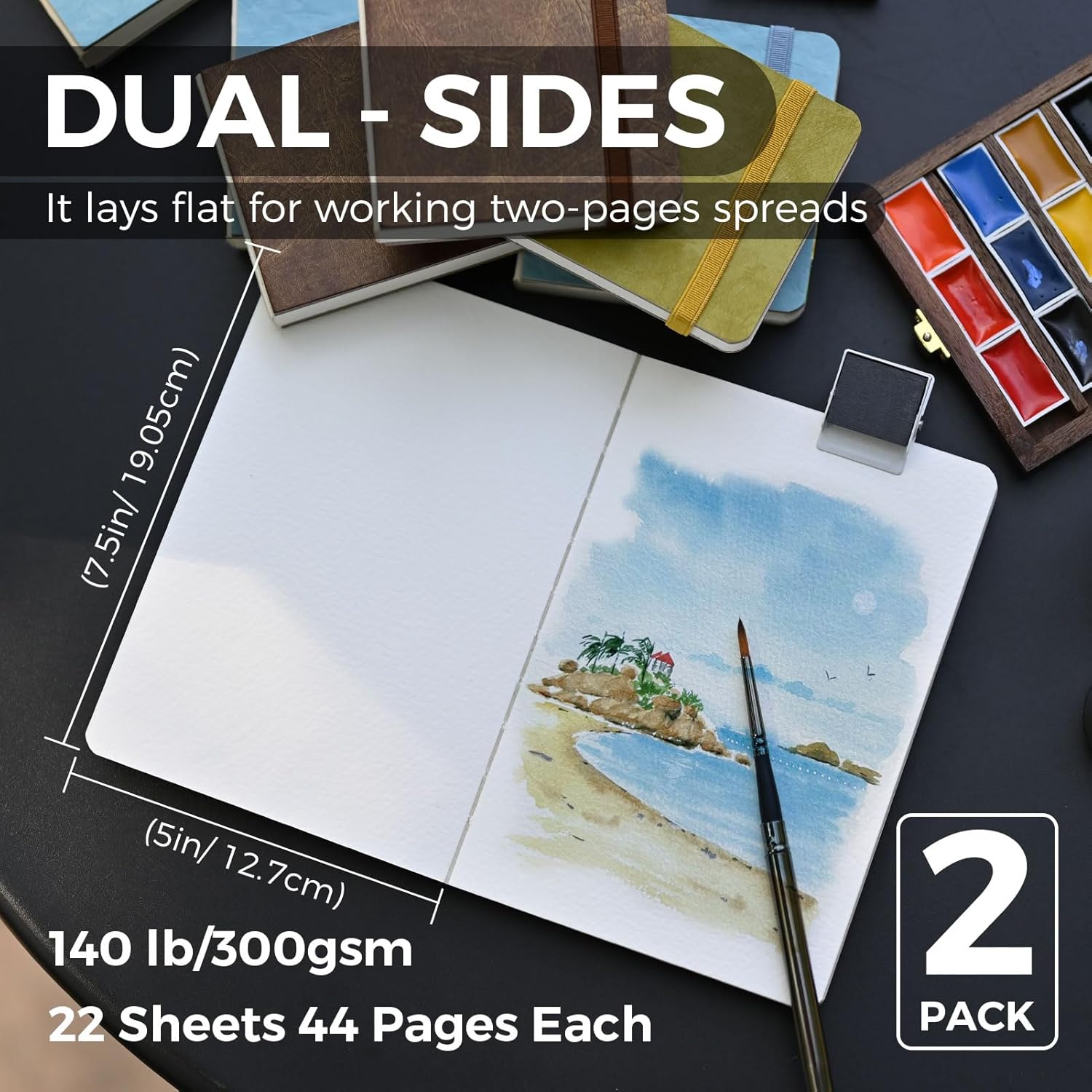 7.5"x5" Watercolor Journal PU Leather Hard Cover 100% Cotton Paper
