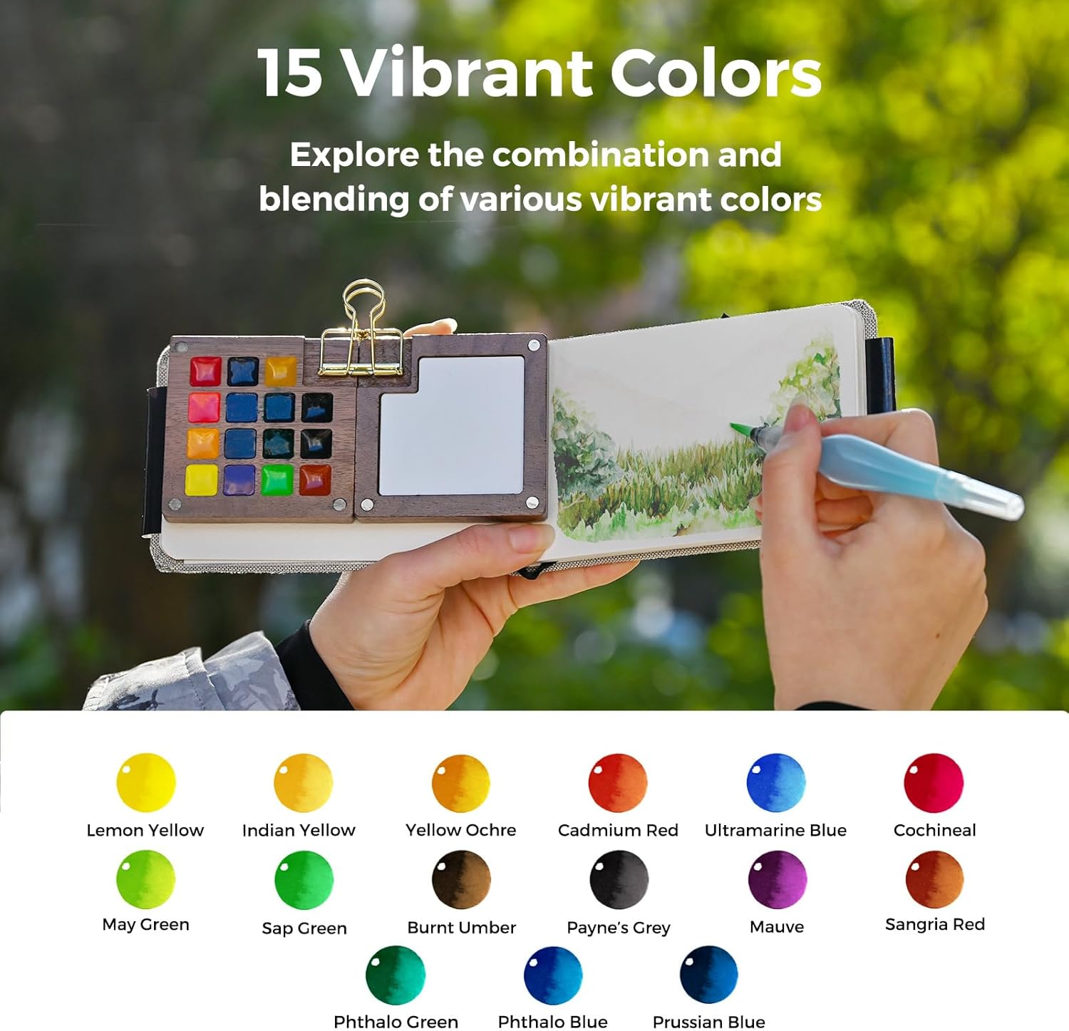 Walnut Wood 15-Color Mini Watercolor Paint Set