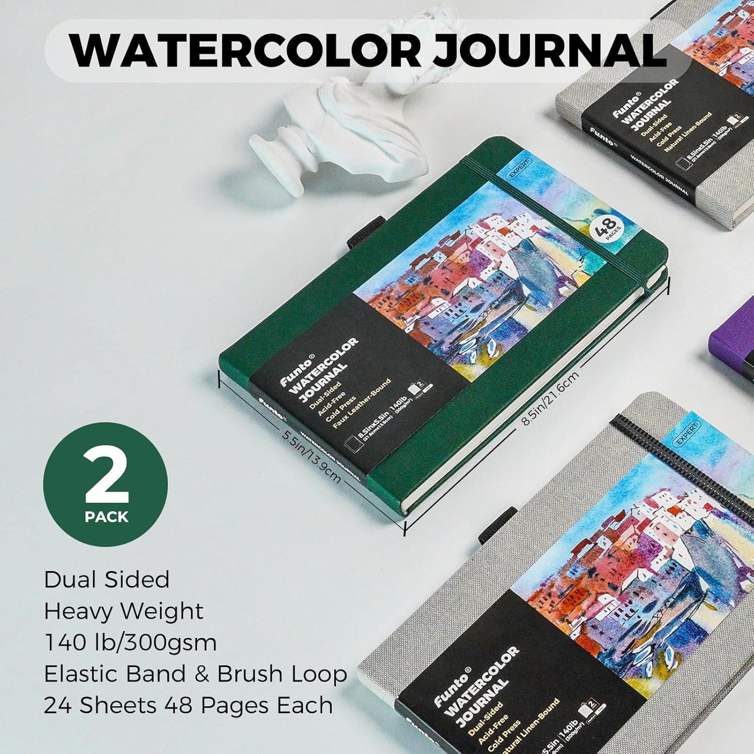 Watercolor Journal 8.5x5.5 Leather Cover 2 Pack 48 Pages Each