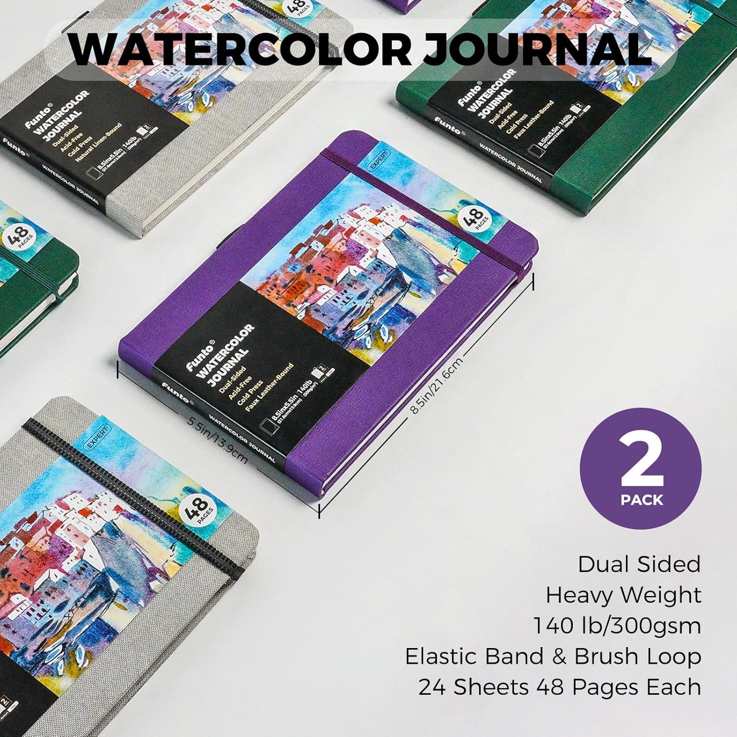 Watercolor Journal 8.5x5.5 Leather Cover 2 Pack 48 Pages Each