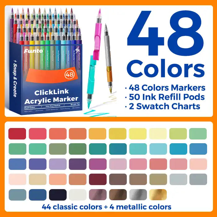 ClickLink 48-color acrylic marker set with 44 classic, 4 metallic, 2 bonus colors plus 50 refills 