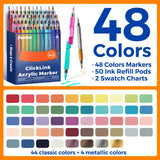 ClickLink 48-color acrylic marker set with 44 classic, 4 metallic, 2 bonus colors plus 50 refills 