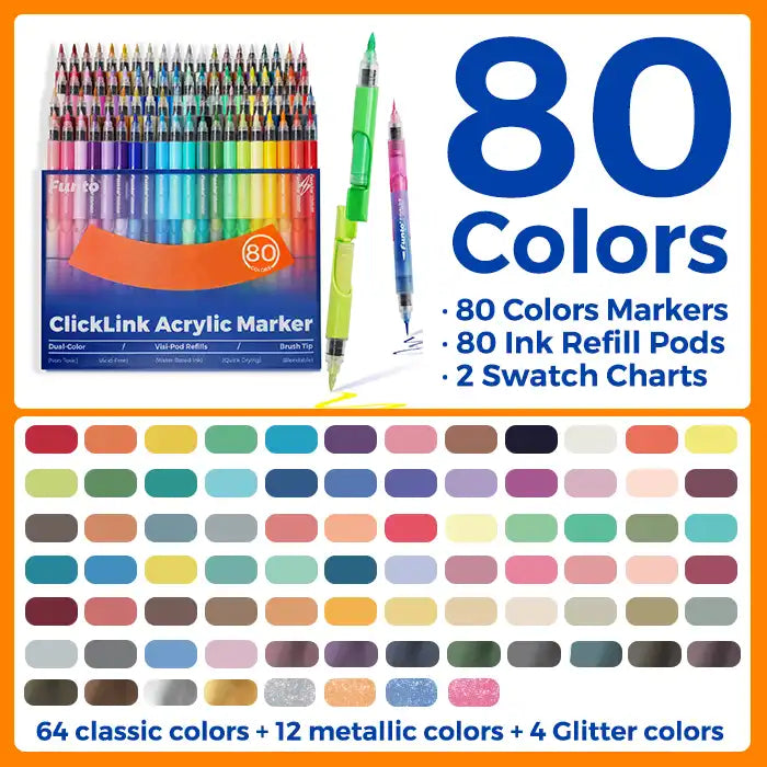 ClickLink 48-color dual-tip acrylic markers in organized storage case with free ink refills 