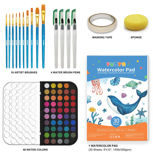 Funto watercolor set 48 colors with 10 brushes 4 water pens and 9x12 paper 