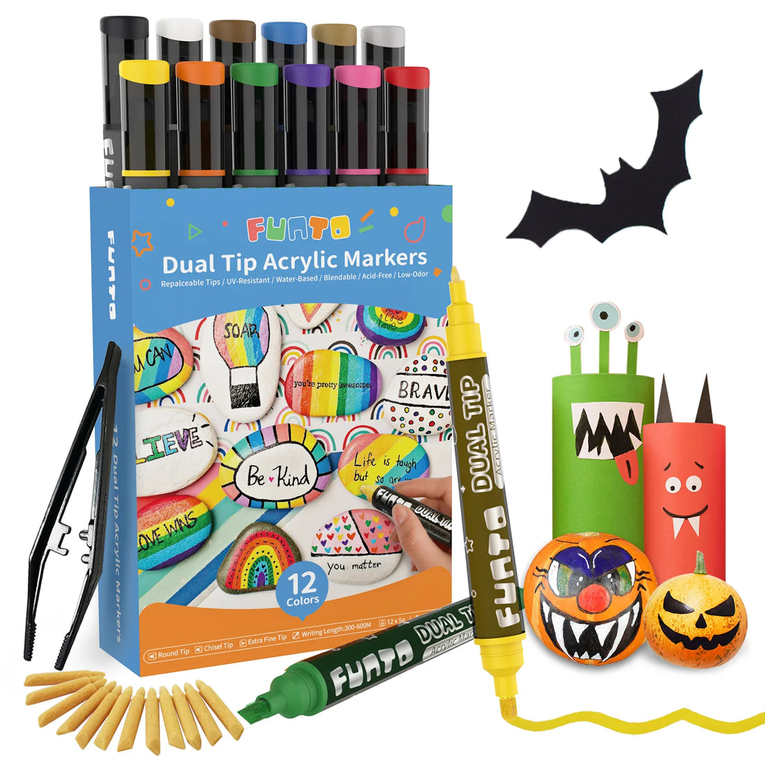 Funto dual tip acrylic paint markers 12 colors with 3 interchangeable tips 