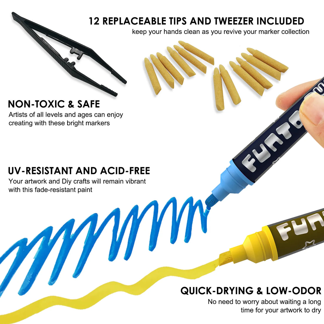Funto dual tip acrylic pens 12 colors with replaceable chisel tips and tweezers 
