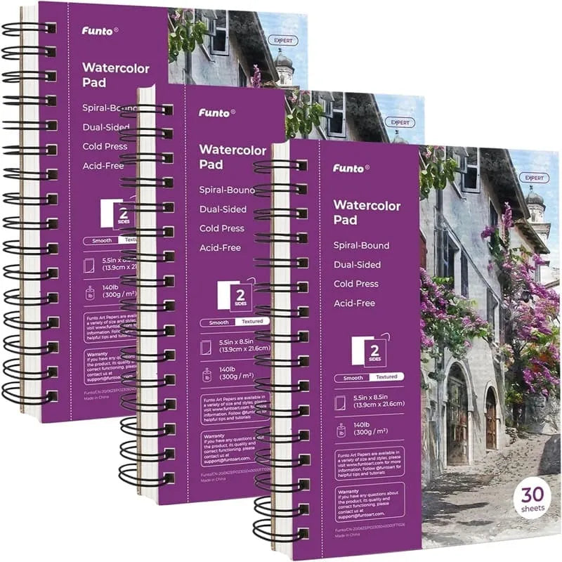 Funto spiral bound watercolor pad 140lb 300gsm cold-pressed paper 3-pack 