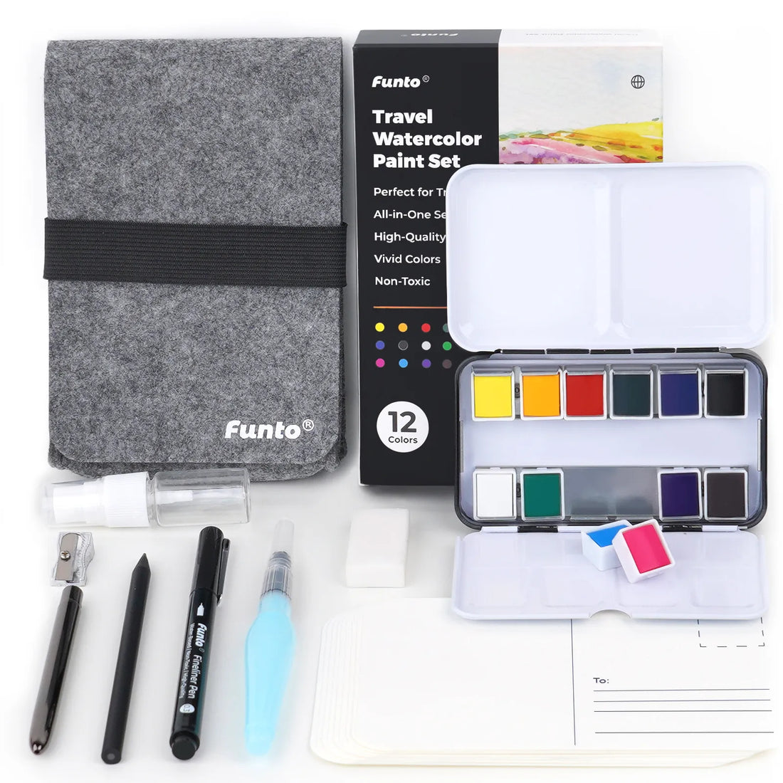 Funto travel watercolor set 12 colors portable kit with postcards and storage bag 