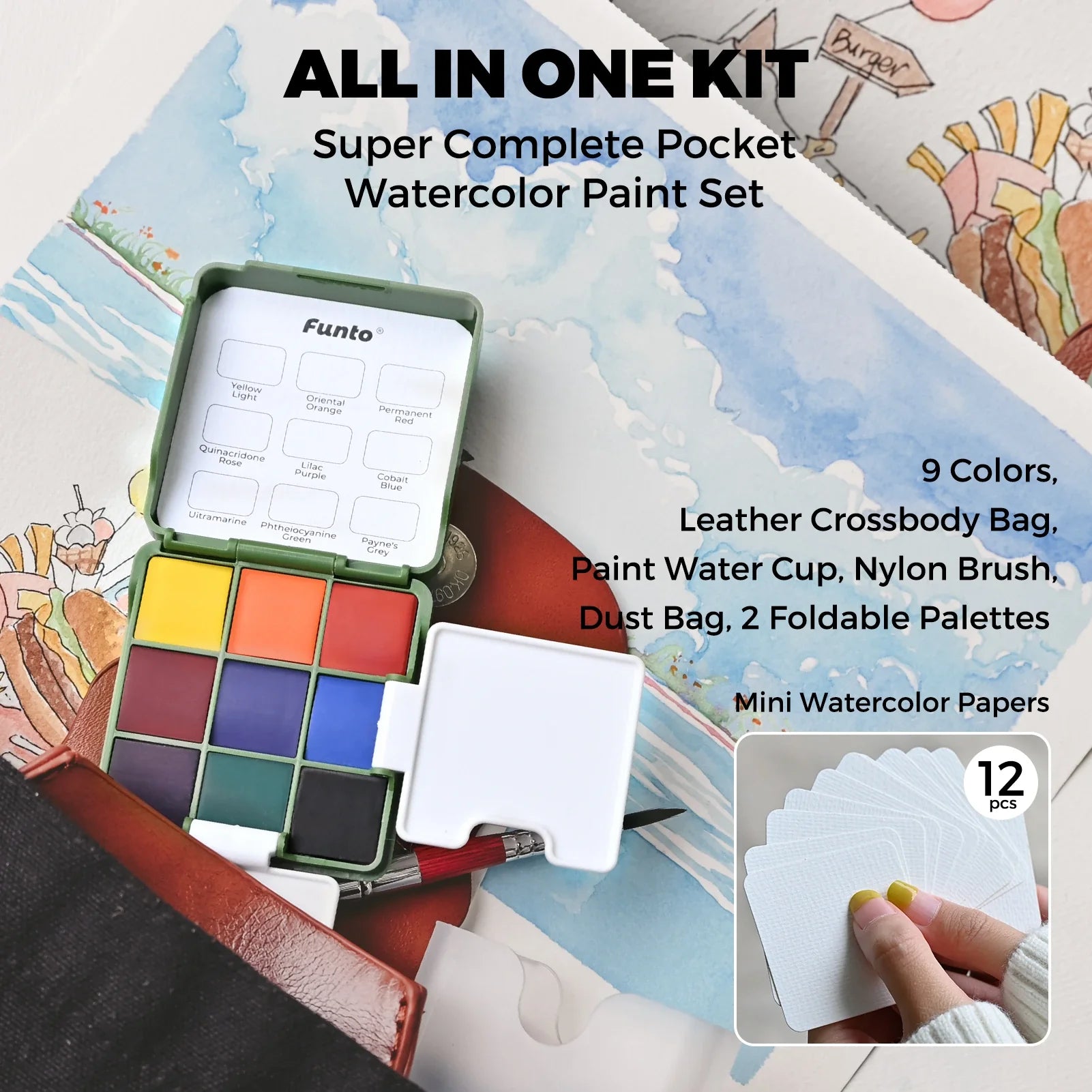 Pocket Watercolor Paint Set 9 Colors with Crossbody Bag - Funto