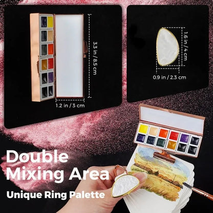 Compact watercolor travel set with ring palette and spray bottle accessories