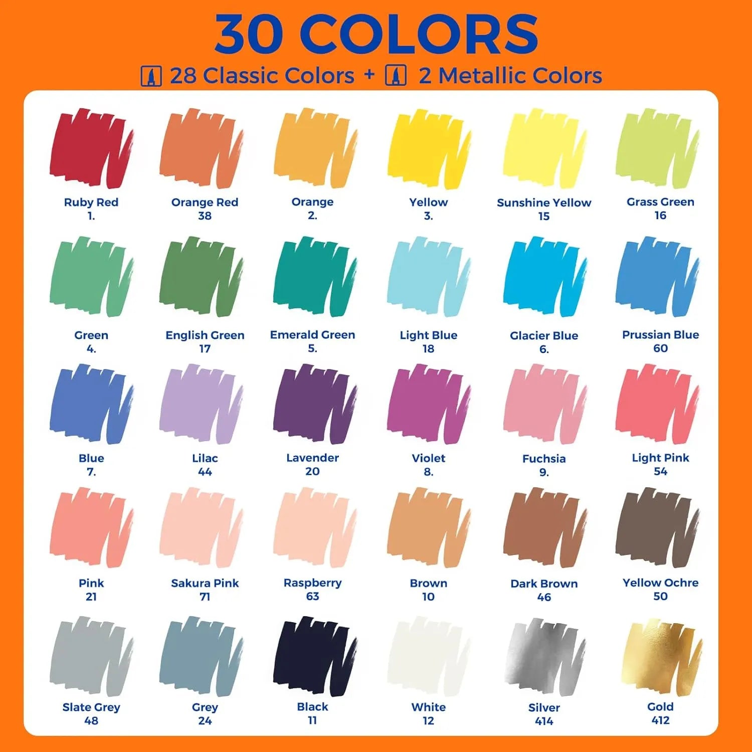 30 Colors ClickLink Acrylic Markers Dual-Color with Brush Tip (28 Classic + 2 Metallic) - Funto