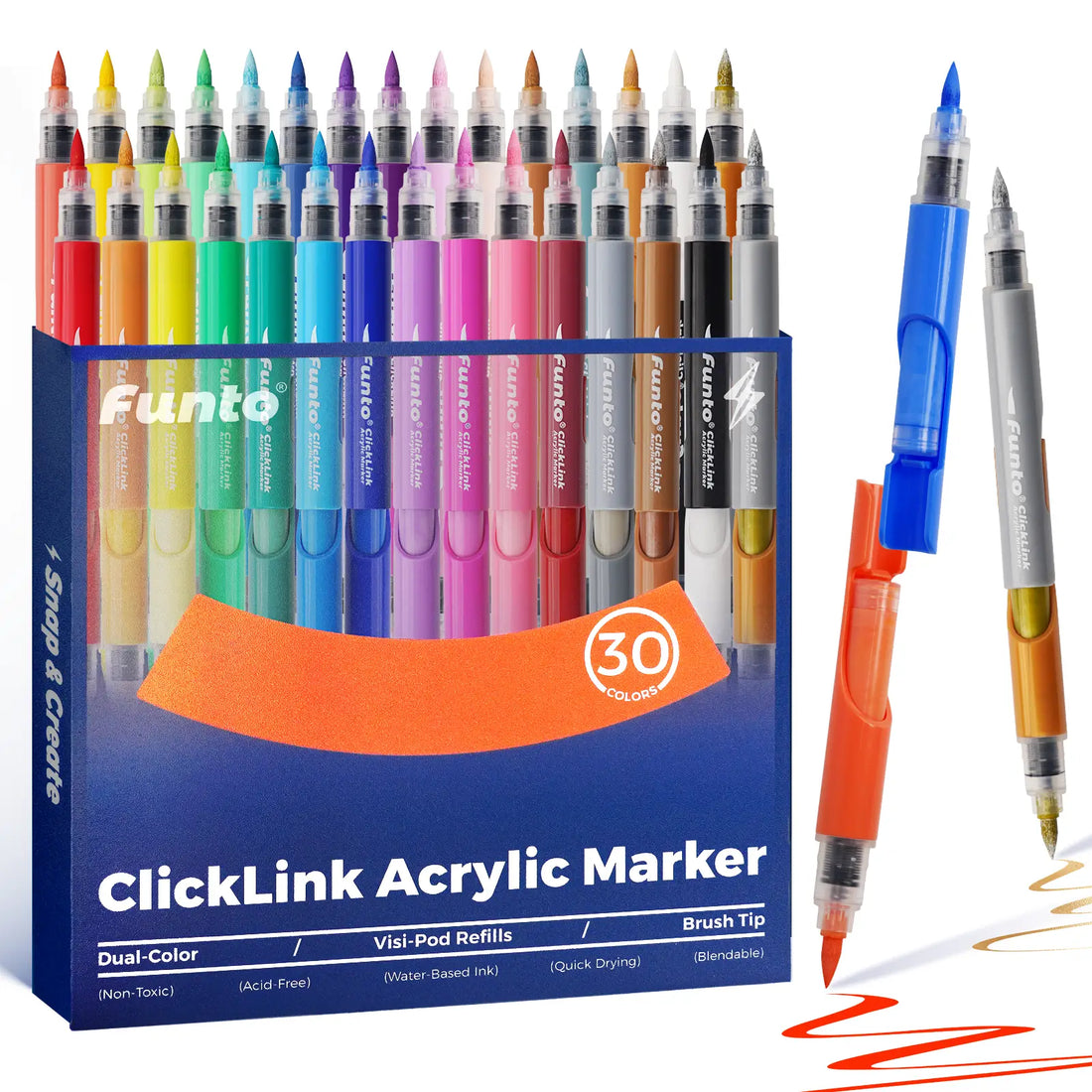 ClickLink Acrylic Markers 30 colors set with dual-color brush tip