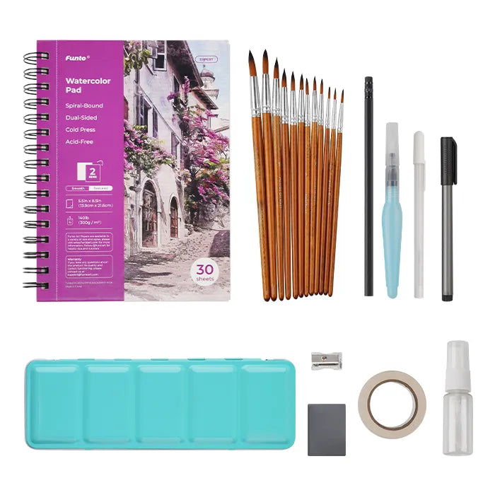 Turquoise Metal Box - Premium 24-Color Watercolor Paint Set - Funto