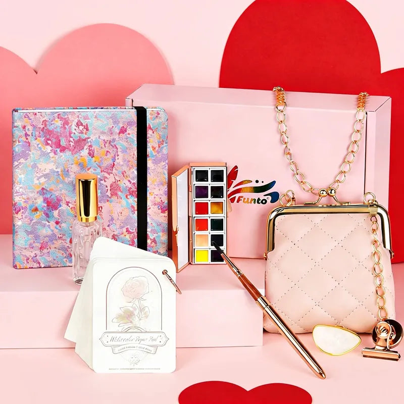 Funto Pocket Watercolor Kit with vintage kiss lock bag and 12 premium colors