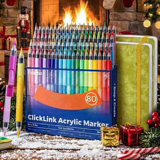 Christmas Gift Bundle 80 Colors ClickLink Acrylic Markers & Two Pack 7.5x5‘’ 100% Cotton PU Leather Watercolor Journal