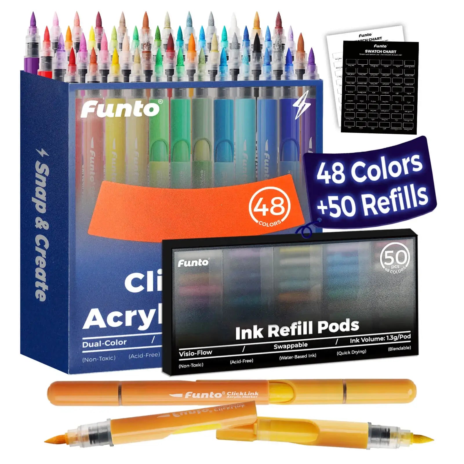 Funto ClickLink 48 color acrylic markers with lifetime free ink refills