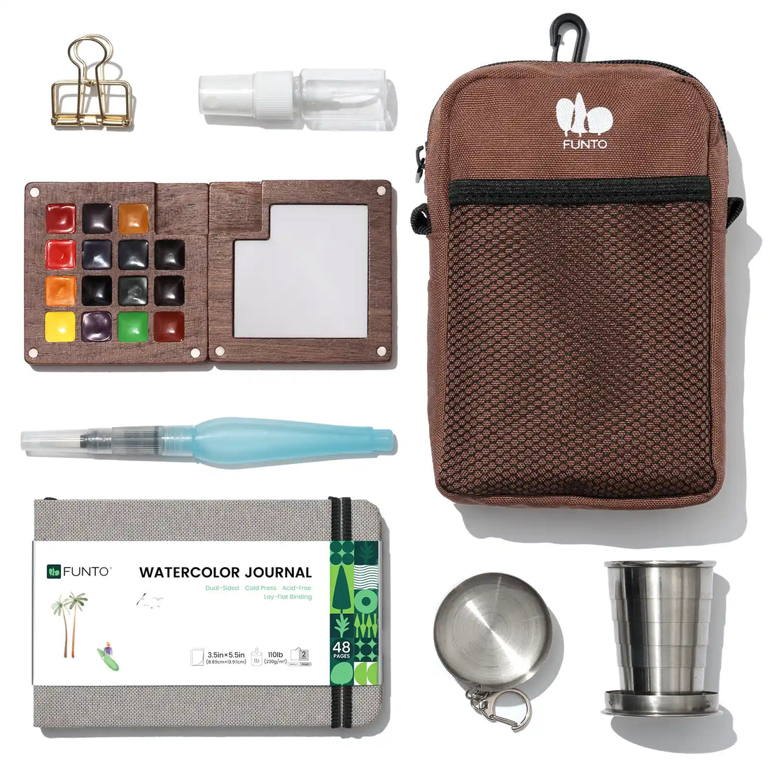 EXPLORER Walnut watercolor kit with wooden palette, brown bag, journal, water brush and travel accessories