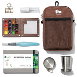EXPLORER Walnut watercolor kit with wooden palette, brown bag, journal, water brush and travel accessories