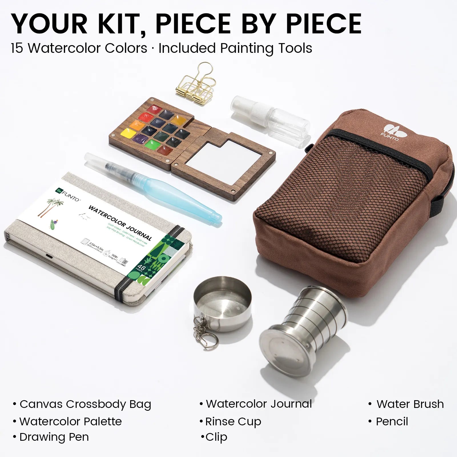 Fifteen-color EXPLORER Walnut kit contents with wooden palette, brown bag, journal and travel tools