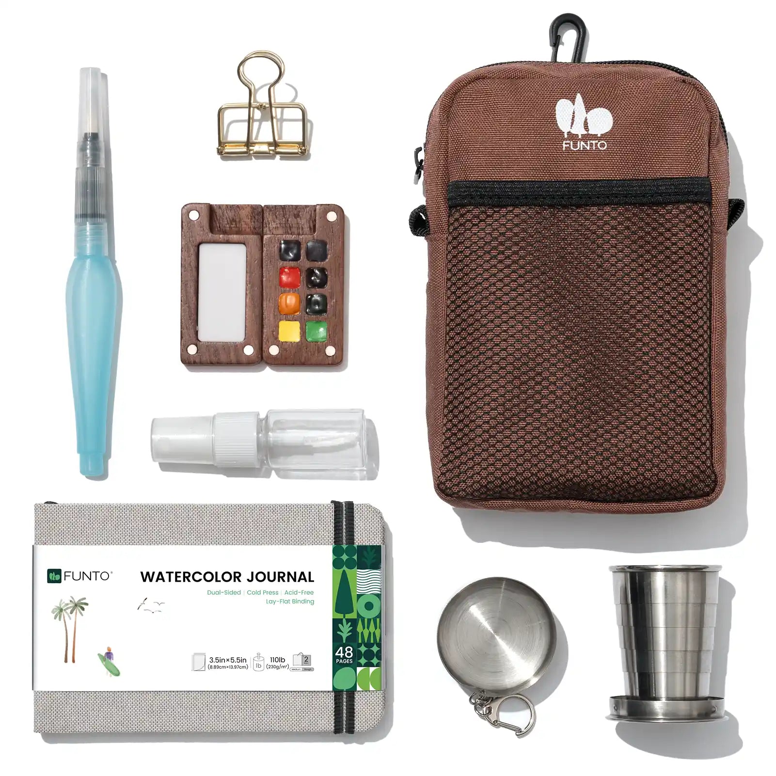 Compact EXPLORER Walnut palette with brown bag, journal, water brush, spray bottle and collapsible cup