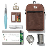 Compact EXPLORER Walnut palette with brown bag, journal, water brush, spray bottle and collapsible cup