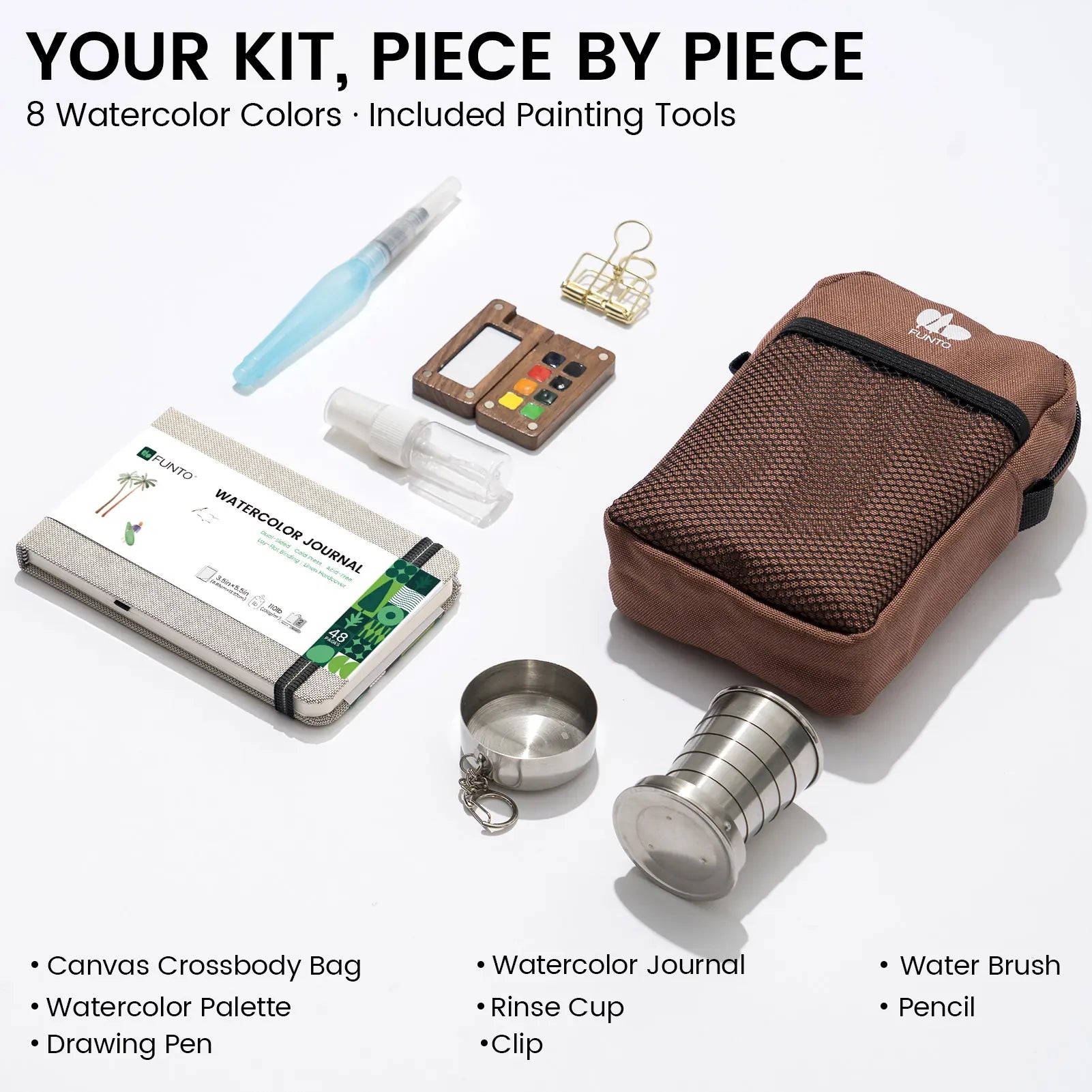 Eight-color EXPLORER Walnut kit contents with wooden palette, brown bag, journal and travel tools