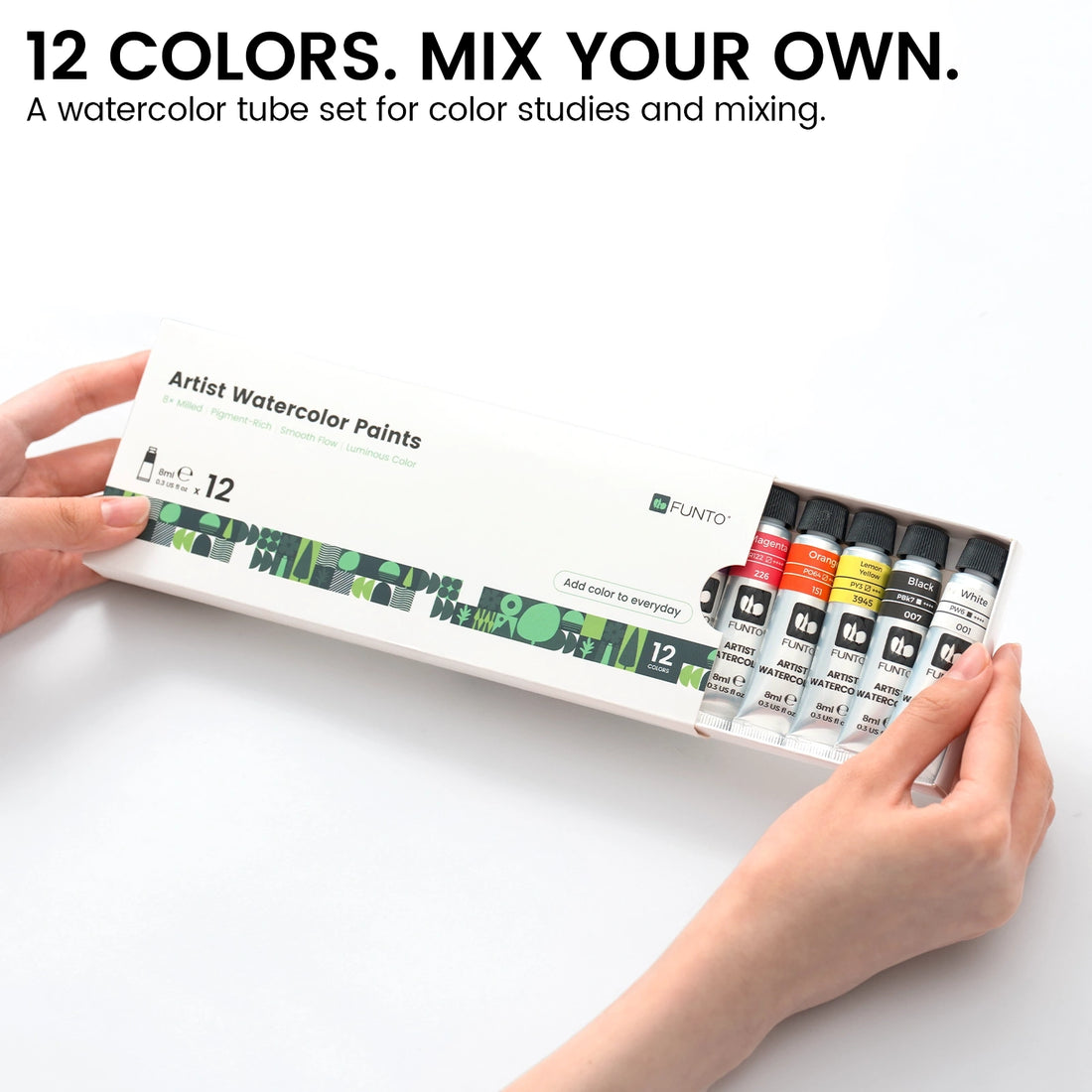 Hands holding a box of FUNTO watercolor tubes with the colors visible