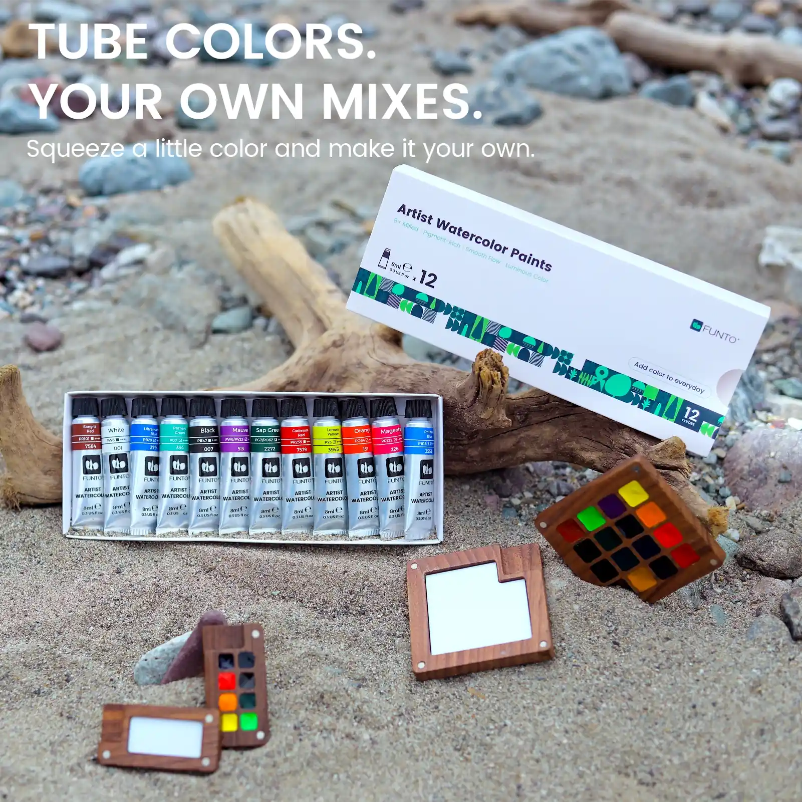 FUNTO watercolor tube set with wooden palettes beside a rocky stream
