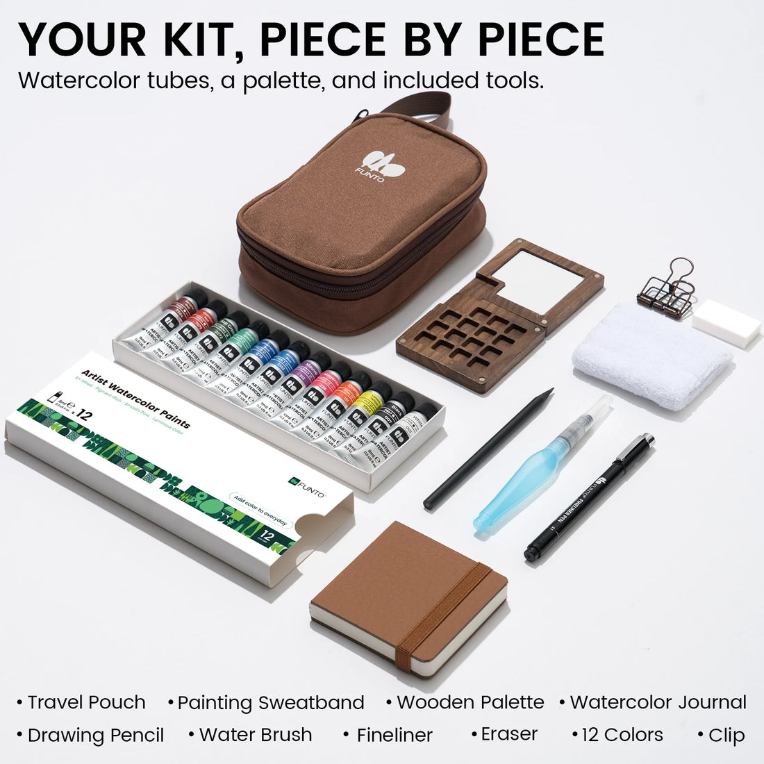 EXPLORER tube kit contents with brown pouch, larger walnut palette, paint tubes, journal and tools