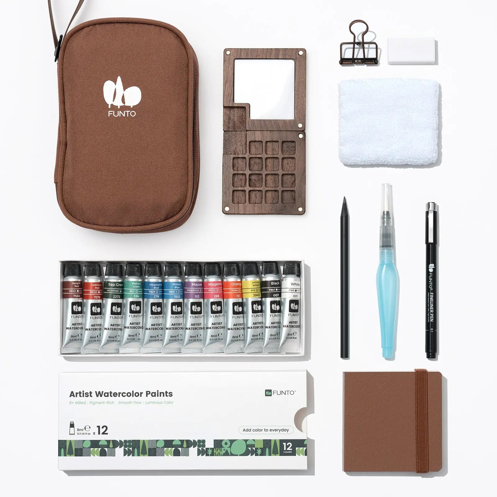 EXPLORER tube kit with brown pouch, larger wooden palette, watercolor tubes, journal and accessories