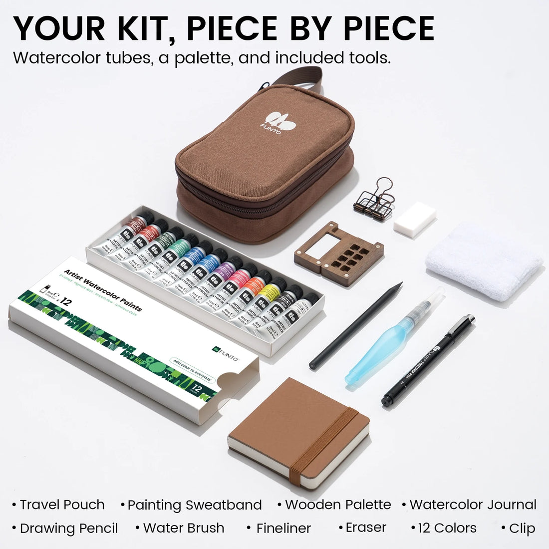 EXPLORER tube kit contents with brown pouch, smaller walnut palette, paint tubes, journal and tools