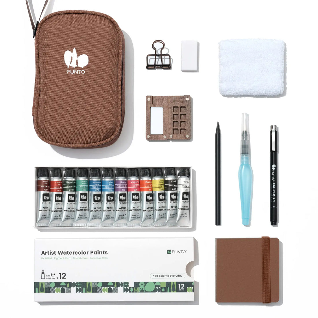 EXPLORER tube kit with brown pouch, smaller wooden palette, watercolor tubes, journal and accessories