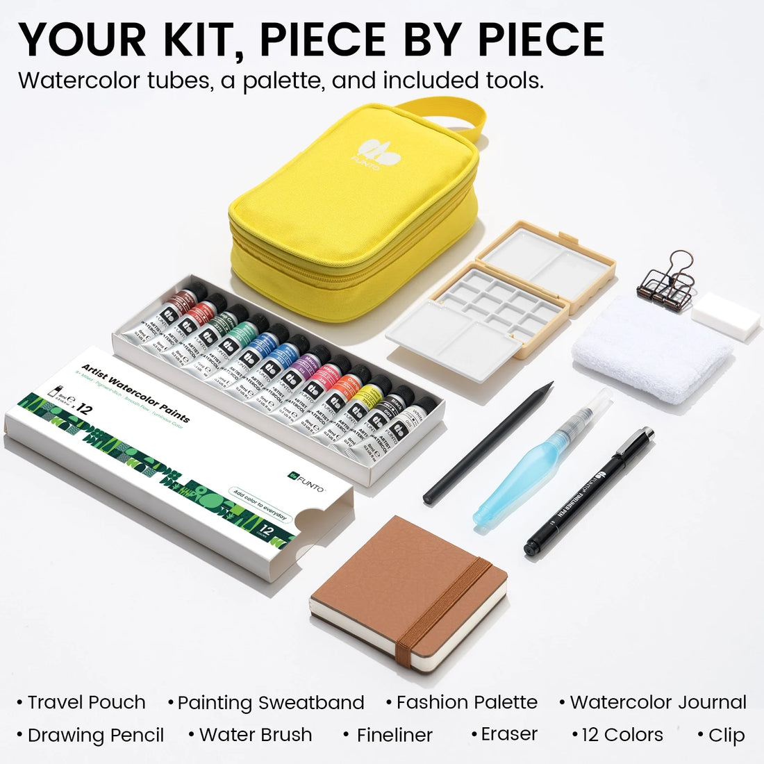 EXPLORER tube kit contents with yellow pouch, cream palette, paint tubes, journal and tools