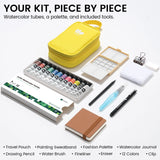 EXPLORER tube kit contents with yellow pouch, cream palette, paint tubes, journal and tools