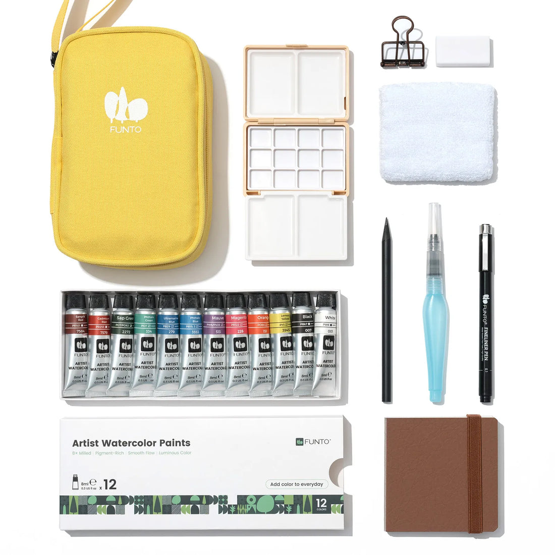 EXPLORER tube kit with yellow pouch, cream palette, watercolor tubes, journal and accessories